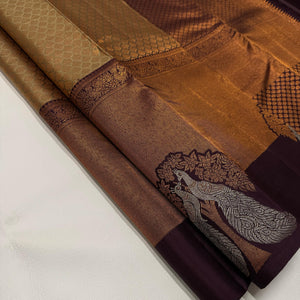 Classic Shimmer Beige & Coffee Brown 1gm Zari Elegance Kanchipuram Handloom Silk Saree SS24848