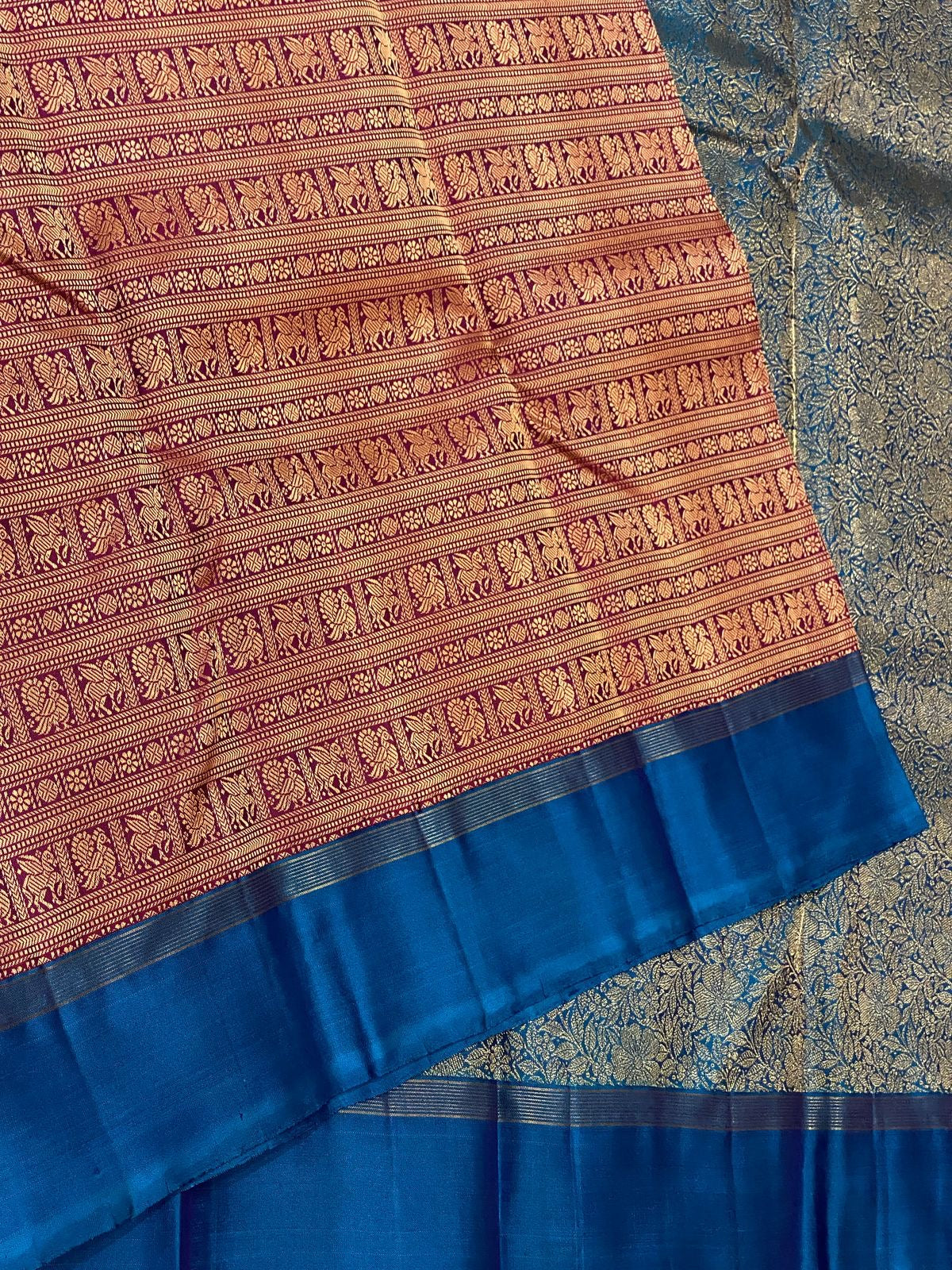 Classic Dark Plum & Azure Blue 2gm Zari Elegance Kanchipuram Handloom Silk Saree SS24689