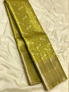 Classic Pastel Olive Green 2gm Zari Bridal Designer Brocade Elegance Kanchipuram Tissue Handloom Silk Saree SS24201