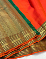 Load image into Gallery viewer, Classic Fiery Orange &amp; Brownish Green 1gm Zari Elegance Kanchipuram Handloom Silk Saree SS24735
