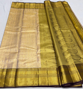 Classic Golden Beige & Aubergine 1gm Zari Bridal Elegance Kanchipuram Handloom Silk Saree SS24112