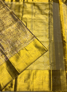 Classic Gold Cream 2gm Zari Bridal Designer Brocade Elegance Kanchipuram Tissue Handloom Silk Saree SS24217