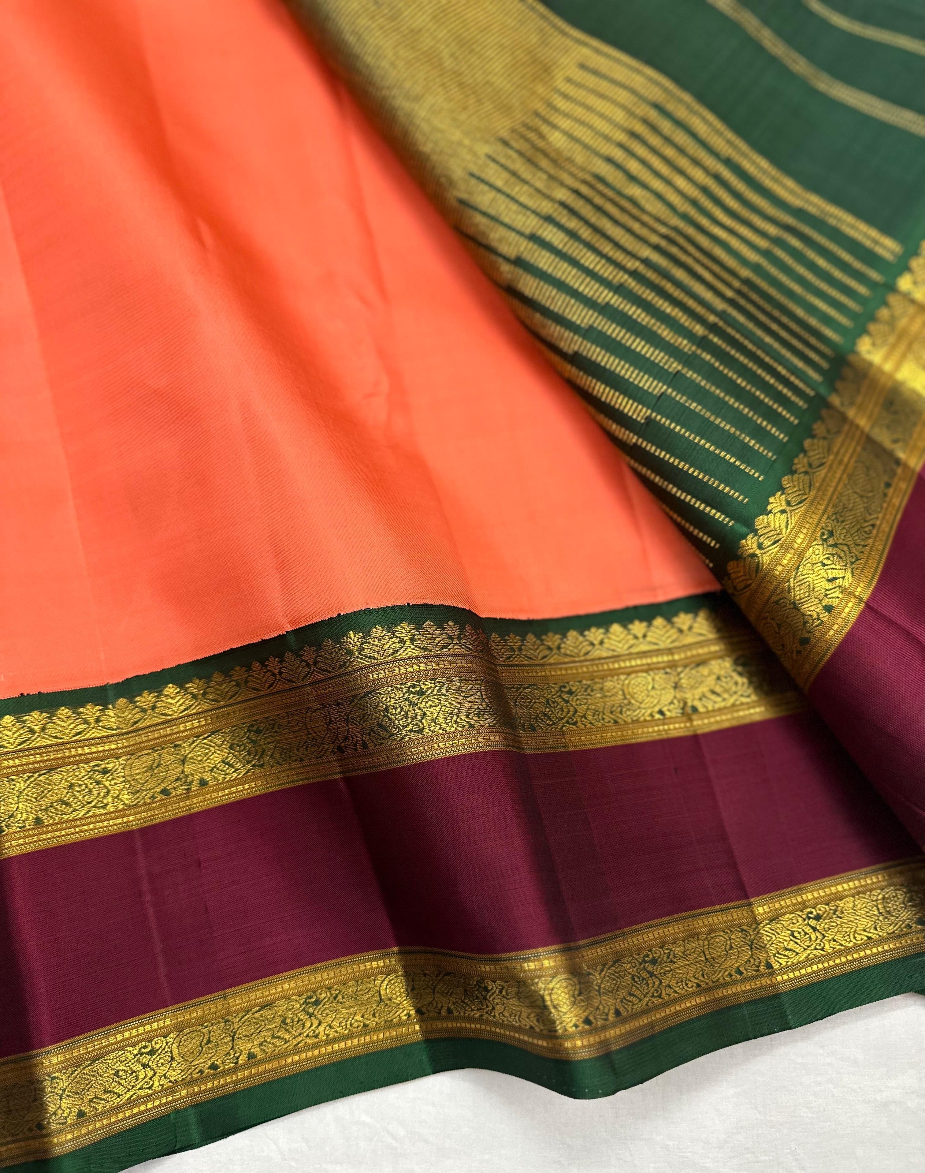 Classic Brick Peach & Sangria Red 2gm Zari Elegance Kanchipuram Handloom Silk Saree SS23553