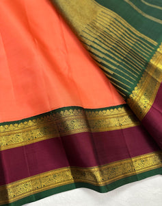 Classic Brick Peach & Sangria Red 2gm Zari Elegance Kanchipuram Handloom Silk Saree SS23553