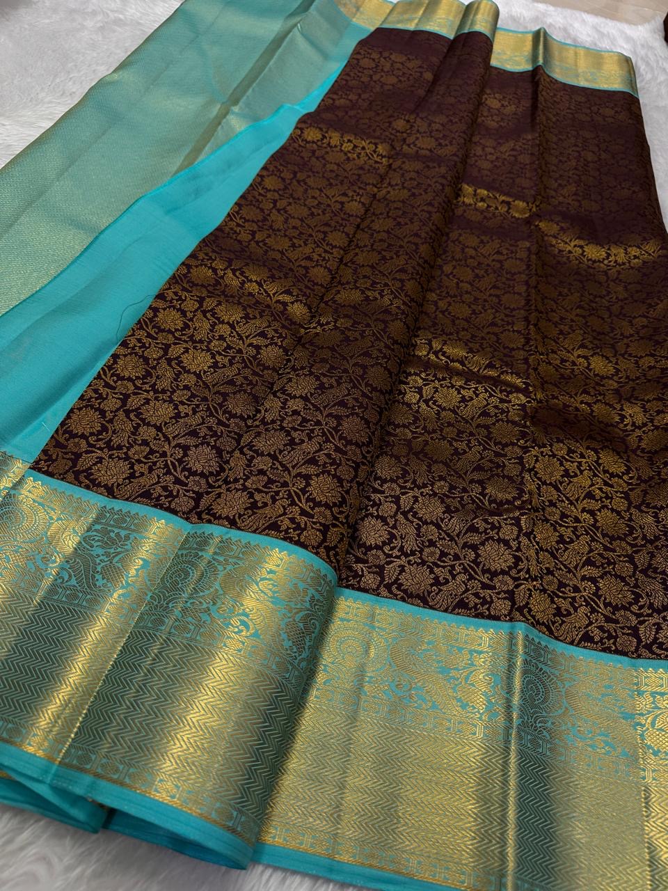 Classic Dark Chocolate & Sky Blue 2gm Zari Bridal Elegance Kanchipuram Handloom Silk Saree SS24479