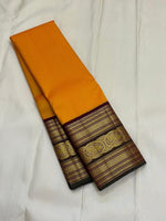 Load image into Gallery viewer, Classic Mango Yellow &amp; Mahogany Red 2gm Zari Korvai Vaira Oosi Checks Kanchipuram Handloom Silk Saree SS26250
