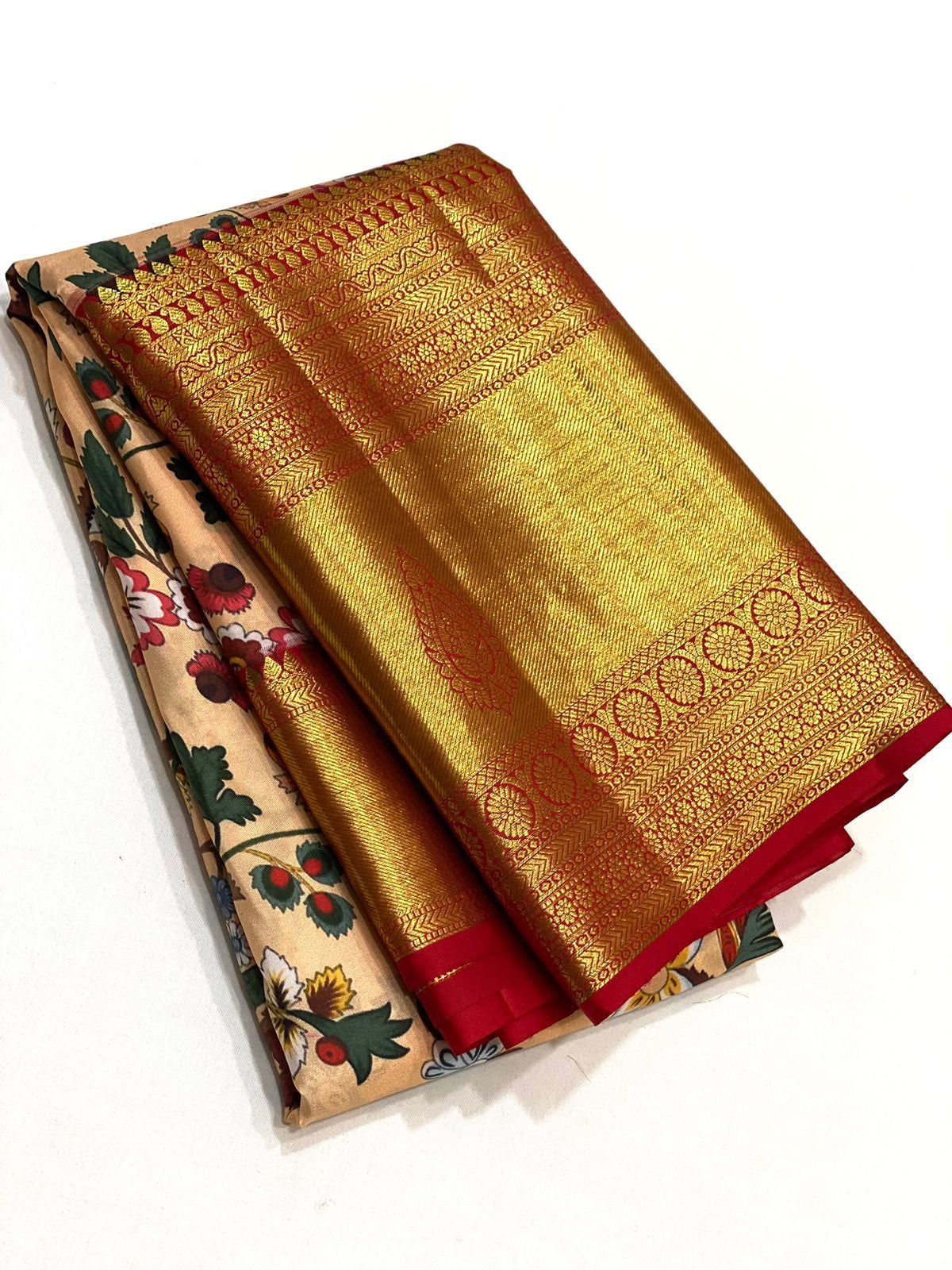 Classic Peach & Chilly Red Kalamkari Digital Print Bridal Elegance Kanchipuram Handloom Silk Saree SS23907