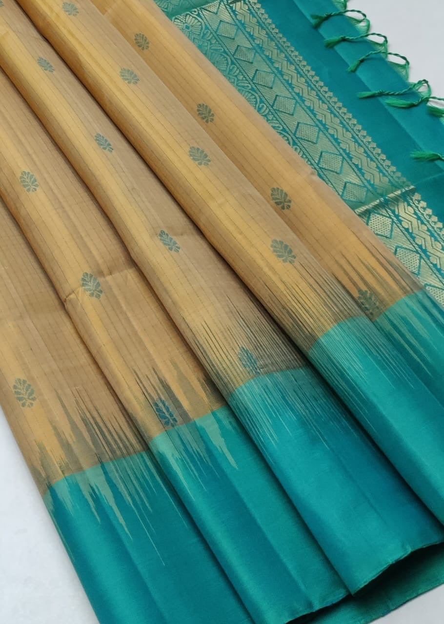 Classic Corn Cream & Teal Green Elegance Handloom Soft Silk Saree SS25248