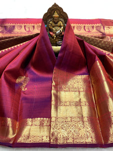 Classic Wine Pink & Onion Pink 2gm Zari Bridal Elegance Kanchipuram Handloom Silk Saree SS25445