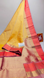 Load image into Gallery viewer, Classic Melon Yellow &amp; Orange Rose Double Warp Handloom Soft Silk Saree SS27846
