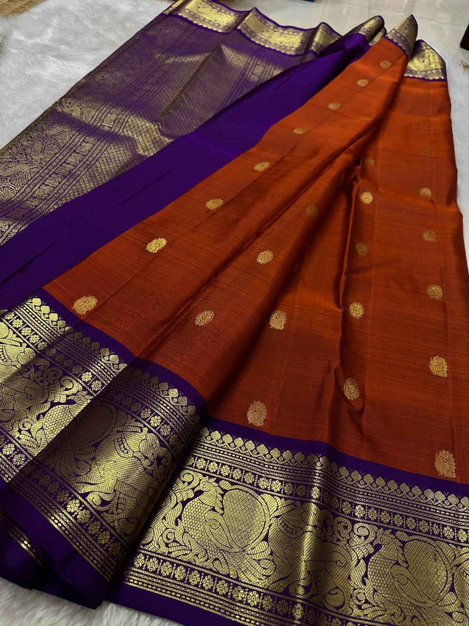 Classic Chestnut Brown & Violet Bridal Elegance Kanchipuram Handloom Silk Saree SS23670