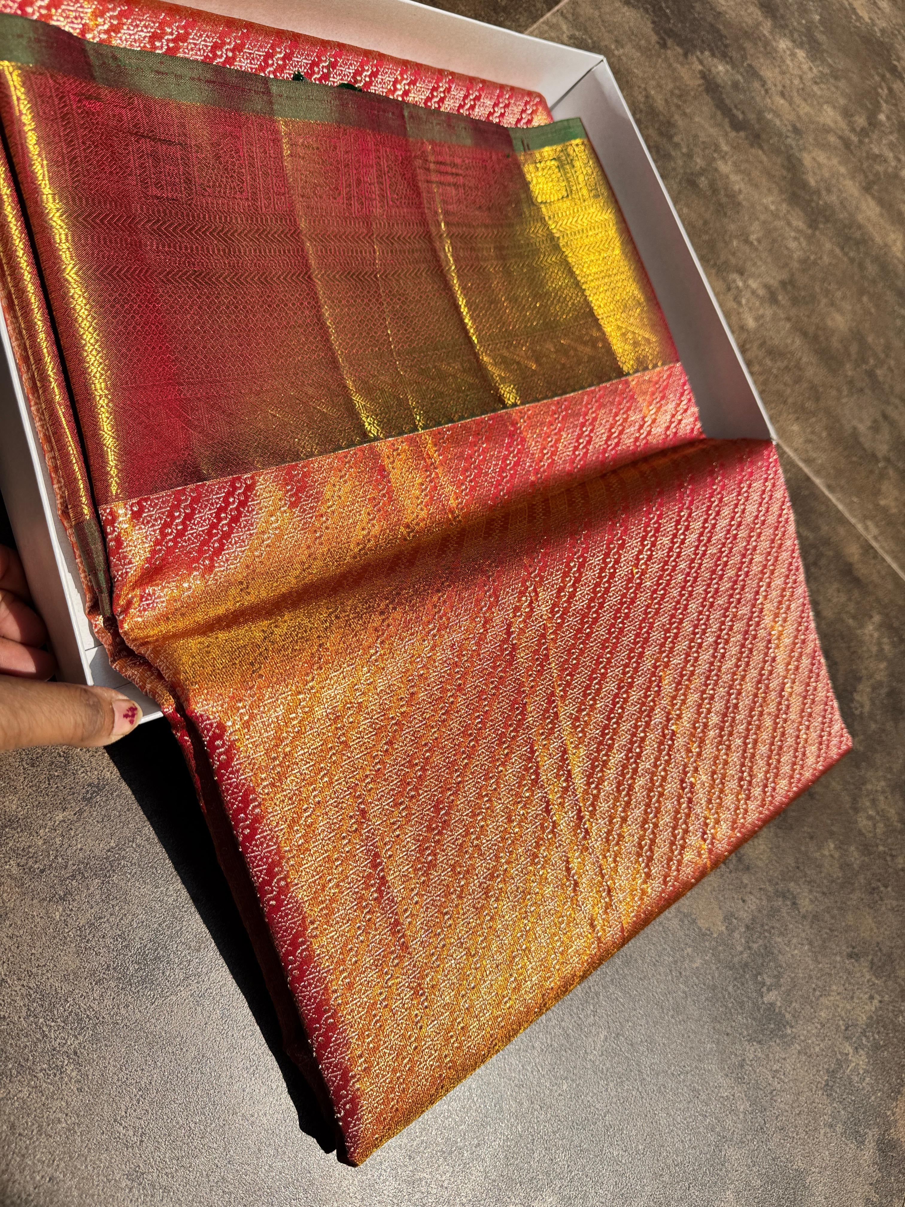 Classic Peach & Green Elegance Kanchipuram Tissue Handloom Silk Saree SS24514