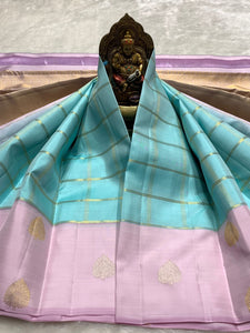 Classic Sky Blue & Lilac Pink 2gm Zari Kanchipuram Handloom Silk Saree SS25929