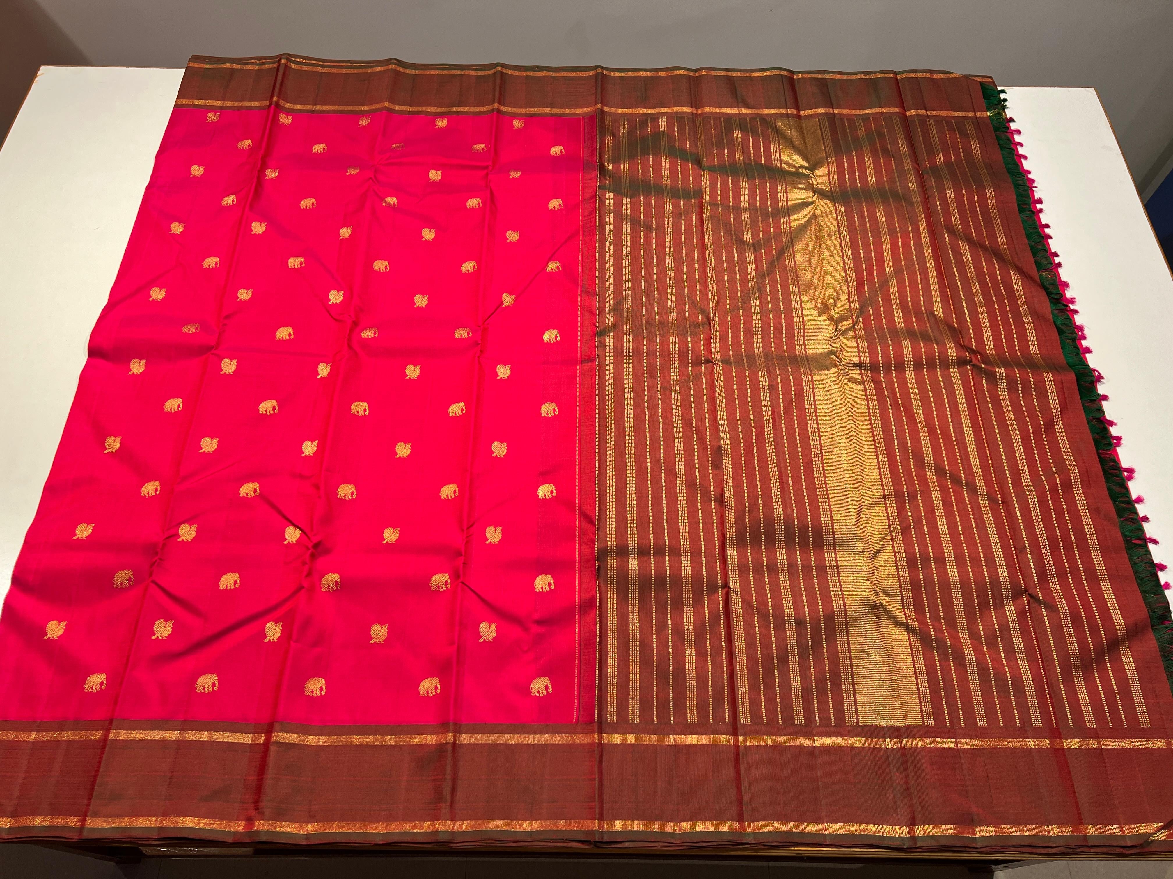 Classic Pink & Green 3gm Zari Elegance Kanchipuram Handloom Silk Saree SS24025