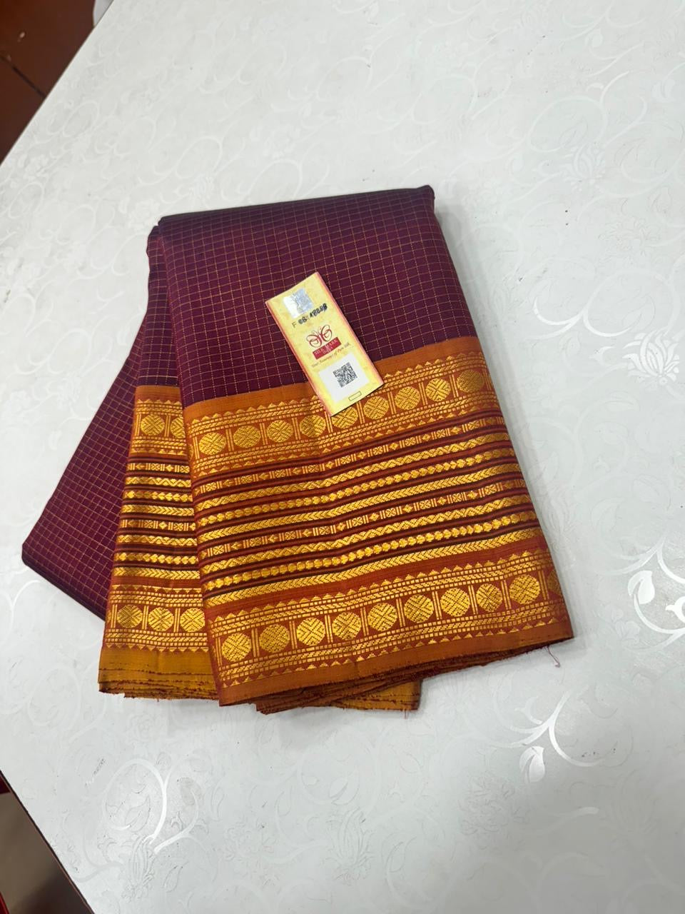 Classic Plum & Mustard Orange 2gm Zari Kanchipuram Handloom Silk Saree SS26454