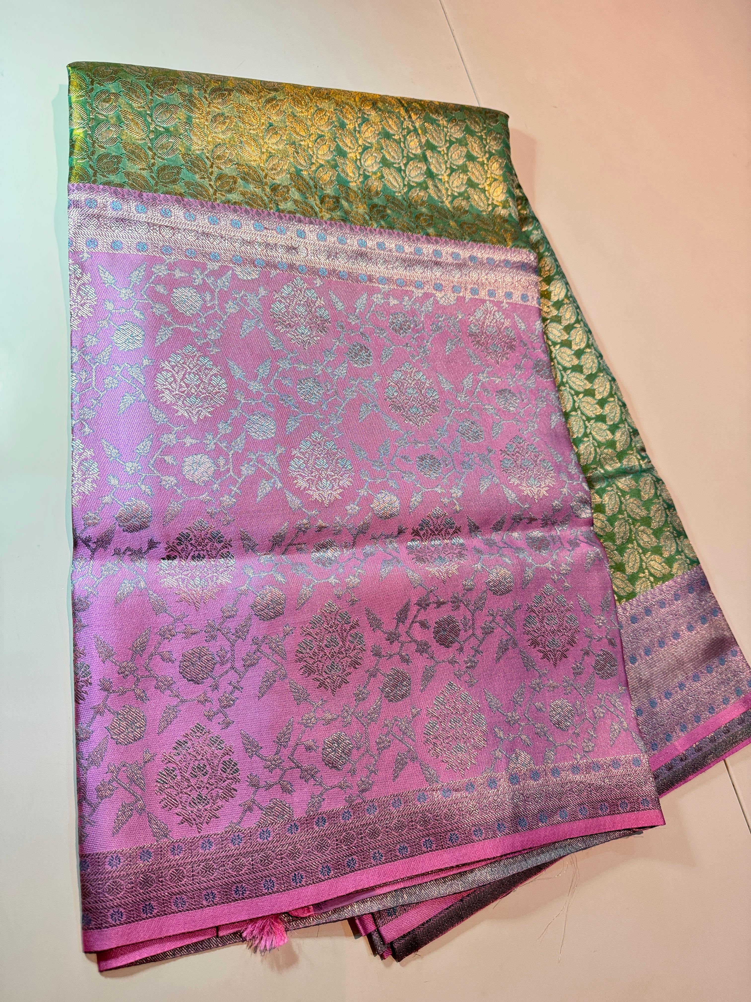 Classic Light Green & Pink 4D Handmade Brocade Meenakari Designed Bridal Elegance Kanchipuram Handloom Silk Saree SS25408