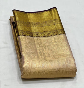 Classic Golden Beige & Aubergine 1gm Zari Bridal Elegance Kanchipuram Handloom Silk Saree SS24112