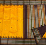 Load image into Gallery viewer, Classic Golden Yellow &amp; Coffee Brown Vintage Thread Butta Korvai  Elegance Kanchipuram Handloom Silk Saree SS27557
