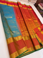 Load image into Gallery viewer, Classic Sea Green &amp; Orange Brocade Elegance Kanchipuram Handloom Silk Saree SS27199
