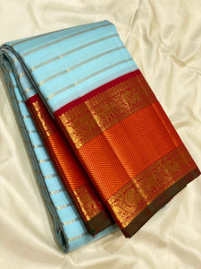 Classic Sky Blue & Barn Red 3gm Zari Vaira Oosi Beldari Design Elegance Kanchipuram Handloom Silk Saree SS24442