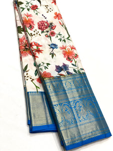 Classic Beige & Azure Blue Kalamkari Digital Print Bridal Elegance Kanchipuram Handloom Silk Saree SS23909