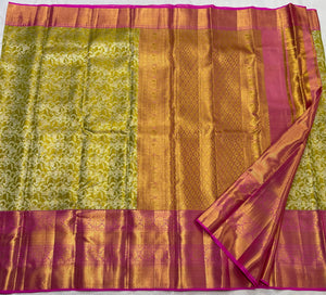 Classic Spring Green & Fuchsia Pink 2gm Zari Brocade Bridal Elegance Kanchipuram Handloom Silk Saree SS23647