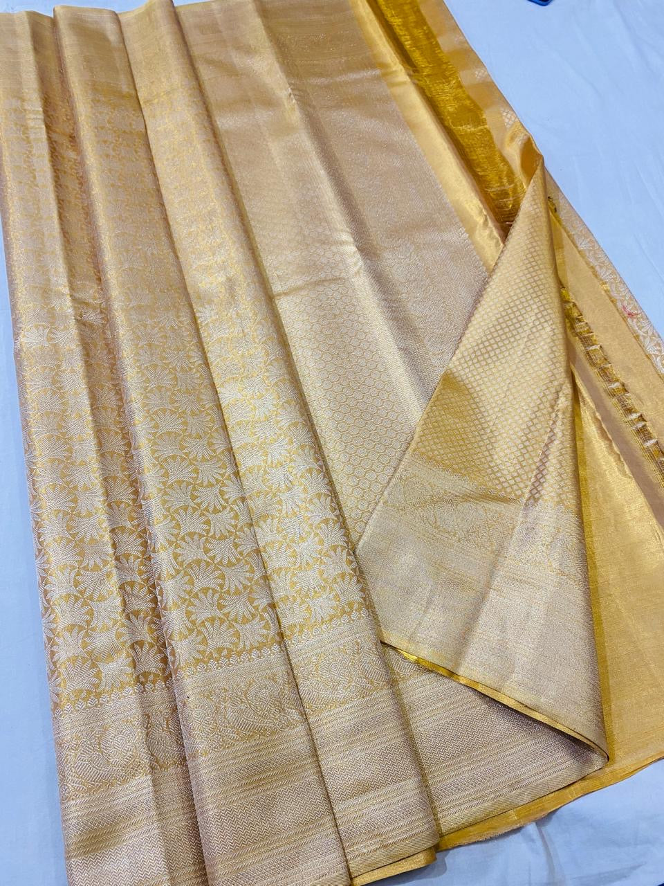 Classic Melon Yellow Gold Silver Bridal Elegance Kanchipuram Tissue Handloom Silk Saree SS20595