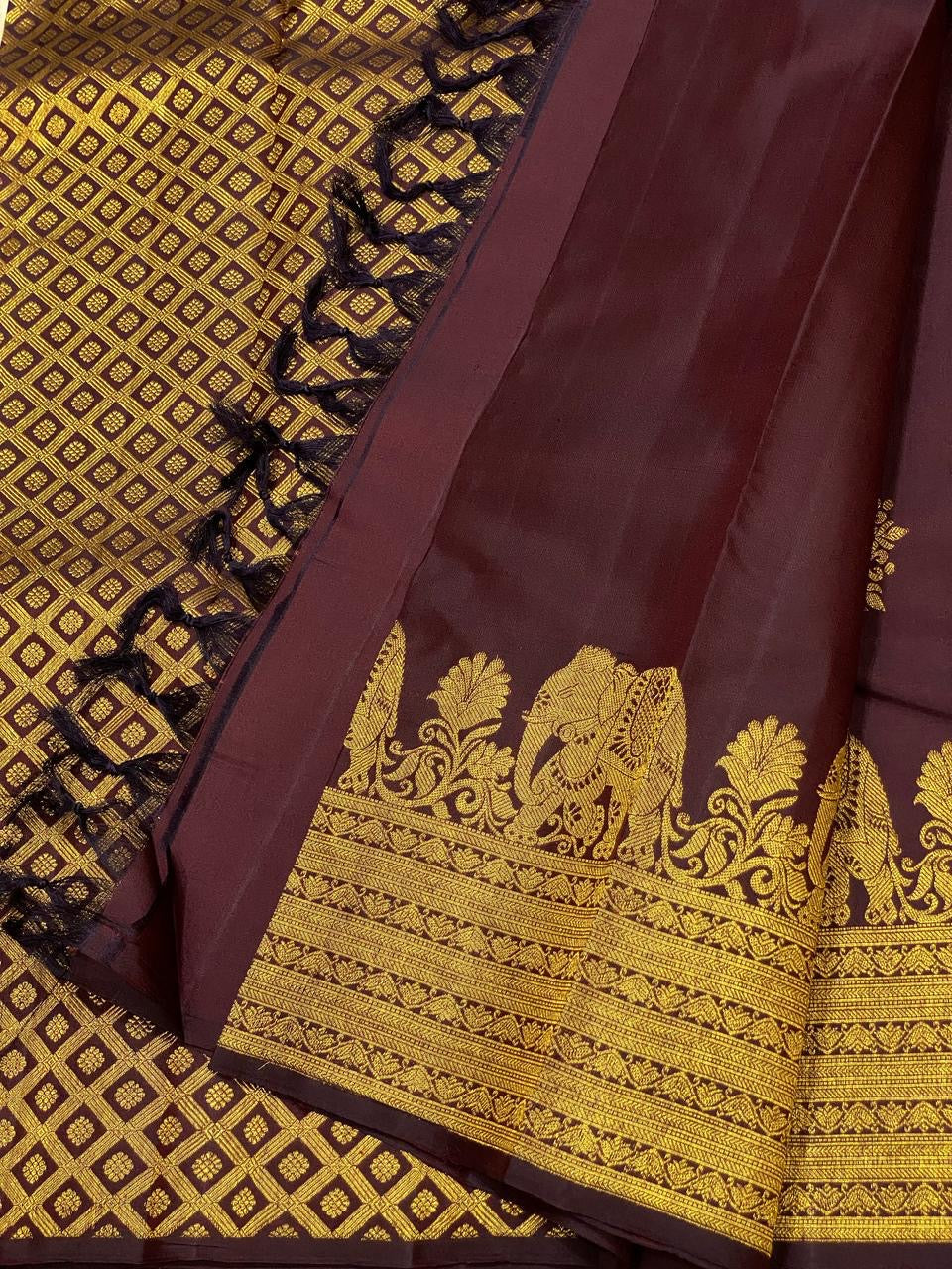 Classic Coffee Brown 2gm Zari Bridal Elegance Kanchipuram Handloom Silk Saree SS24521