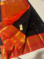 Load image into Gallery viewer, Classic Black &amp; Orange 2gm Zari Elegance Kanchipuram Handloom Silk Saree SS25302
