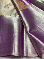 Load image into Gallery viewer, Classic Oatmeal Beige &amp; Berry Purple 2gm Zari Bridal Elegance Kanchipuram Handloom Silk Saree SS25269
