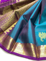 Load image into Gallery viewer, Classic Teal Blue Green &amp; Purple Berry 2gm Zari Bridal Elegance Kanchipuram Handloom Silk Saree SS23561
