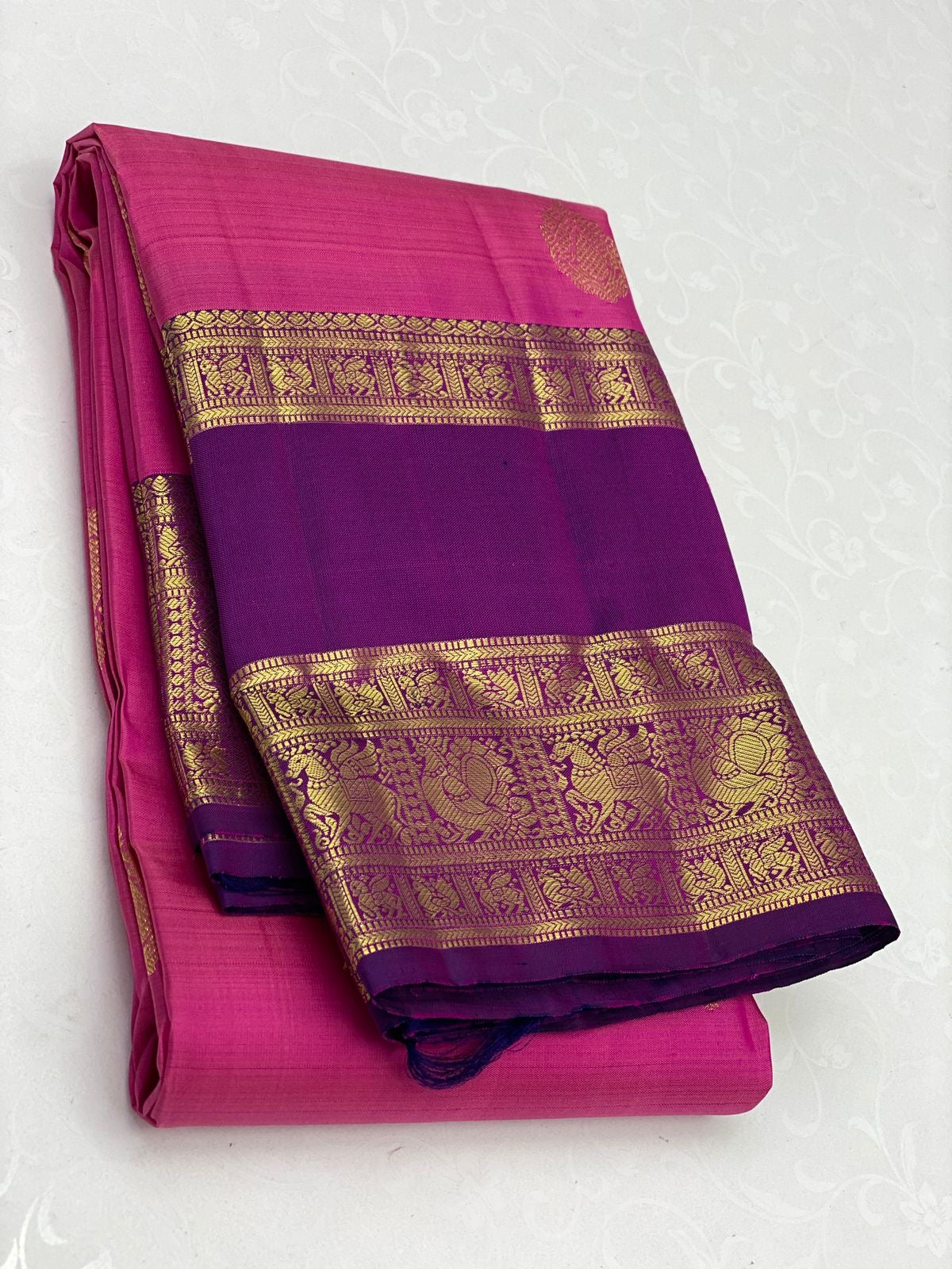 Classic Barbie Pink & Wine Red 2gm Zari Elegance Kanchipuram Silk Saree SS23858