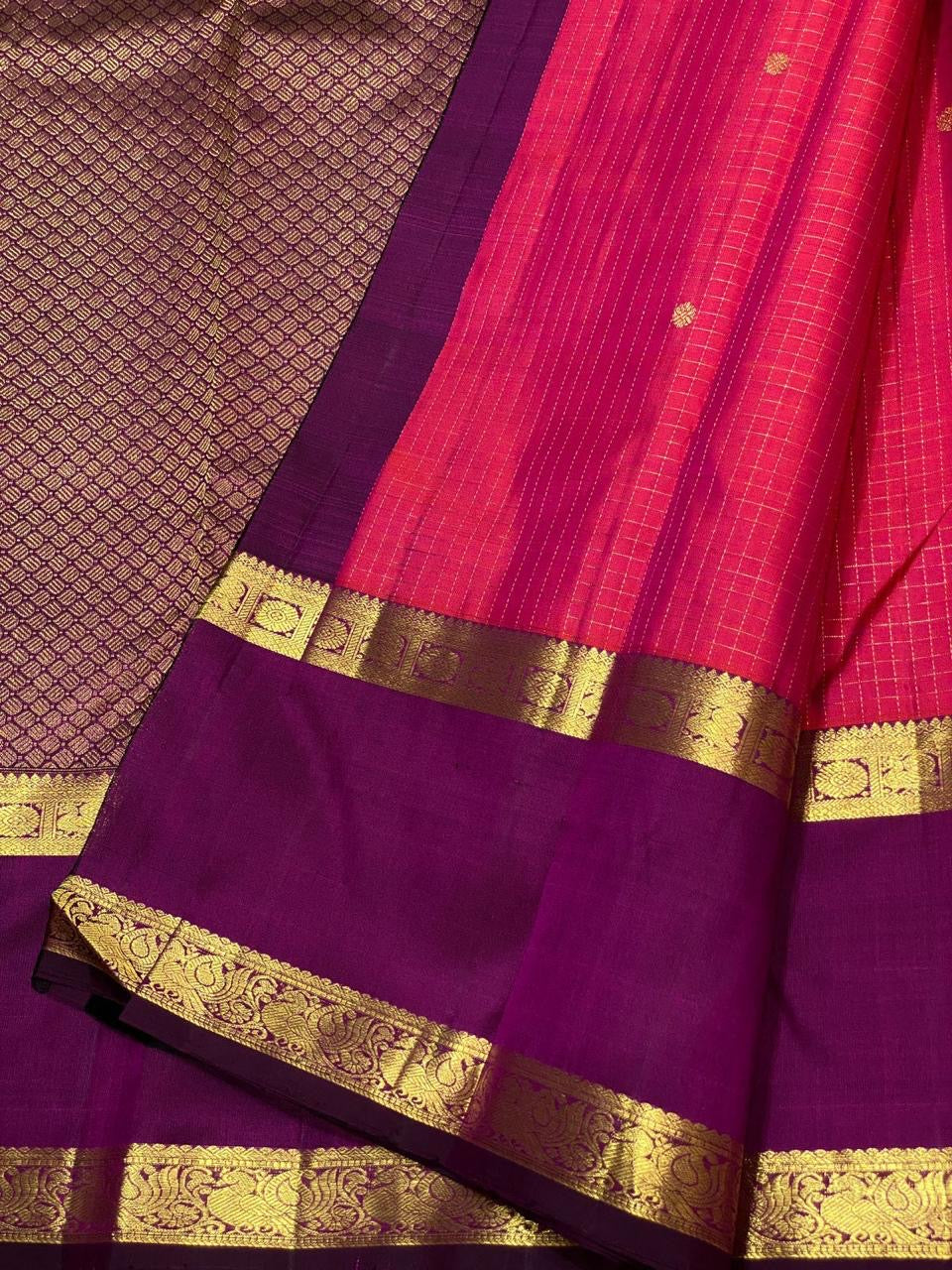 Classic Cerise Pink & Wine Purple 2gm Zari Vaira Oosi Kanchipuram Handloom Silk Saree SS25585