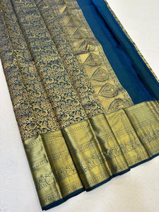 Prussian Blue Elegance Kanchipuram Handloom Silk Saree SS24692