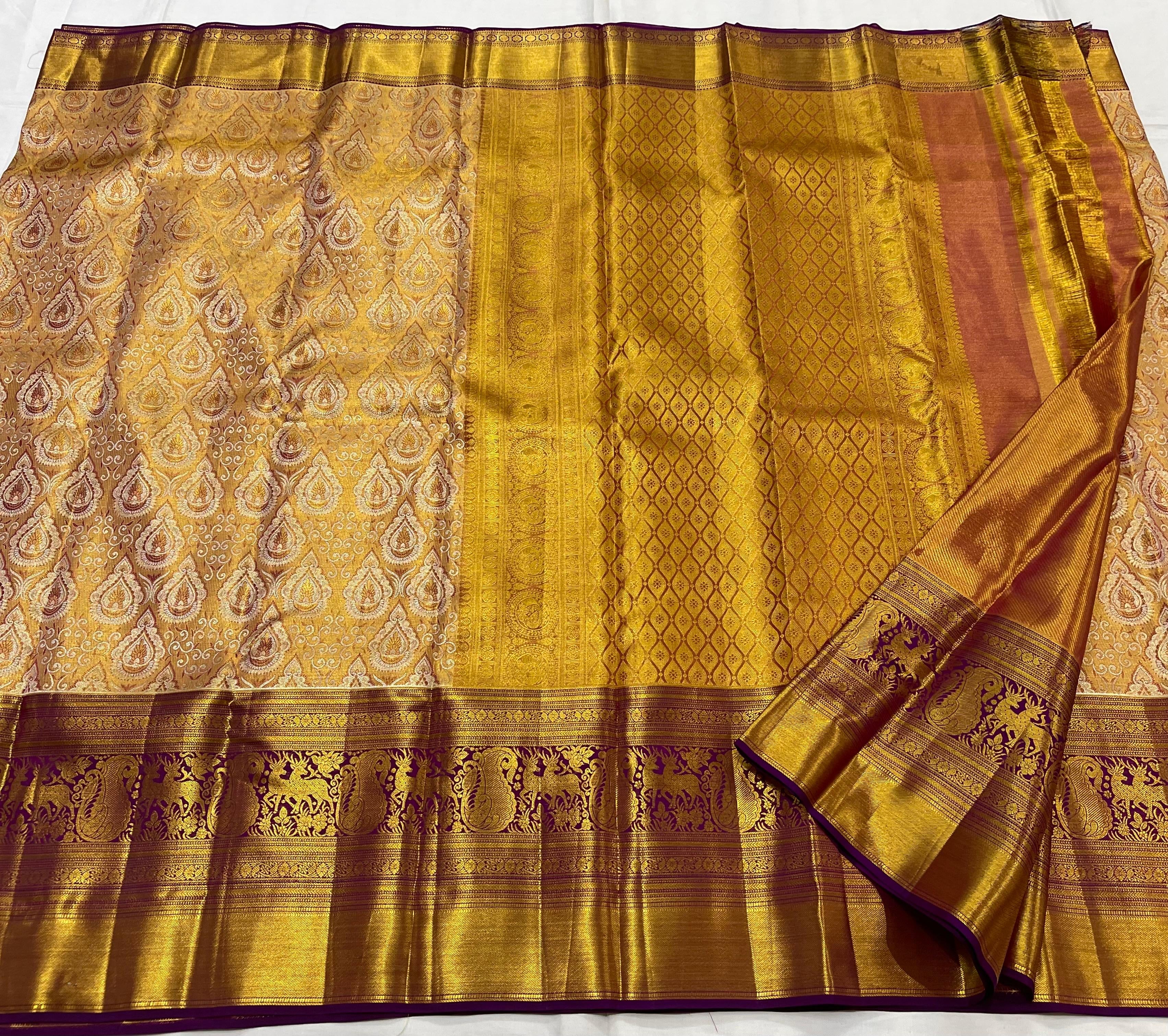 Classic Beige & Purple 2gm Zari Brocade Bridal Elegance Kanchipuram Handloom Silk Saree SS23644