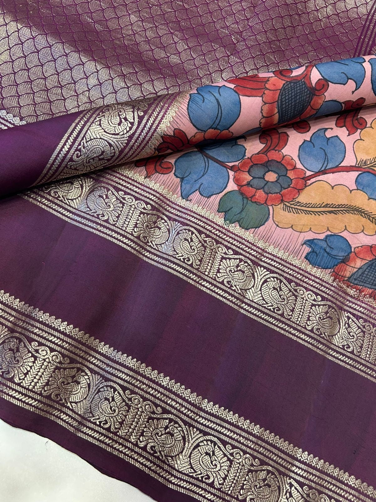 Classic Purple Pen Kalamkari Peacock Floral Elegance Kanchipuram Handloom Silk Saree SS24436