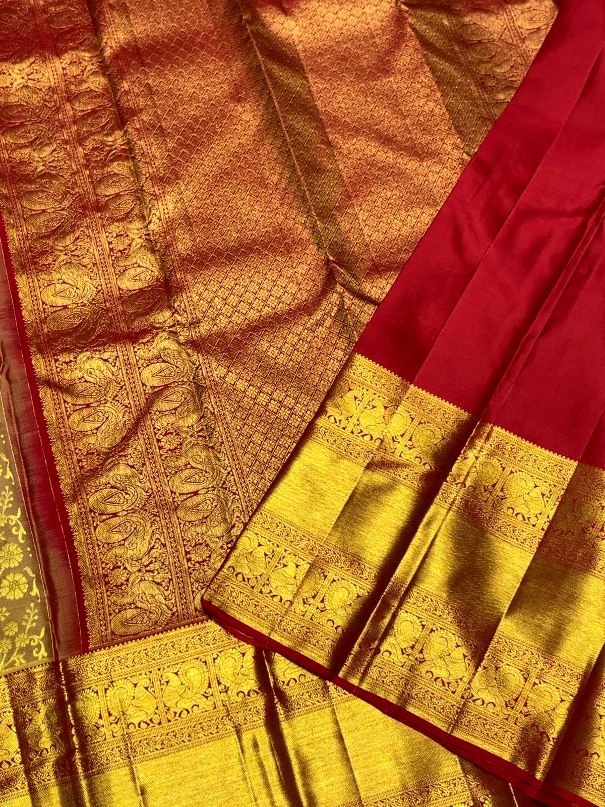 Classic Golden Mustard & Brick Red 2gm Zari Bridal Elegance Kanchipuram Handloom Silk Saree SS25356