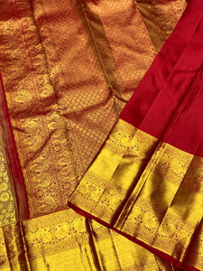Classic Golden Mustard & Brick Red 2gm Zari Bridal Elegance Kanchipuram Handloom Silk Saree SS25356