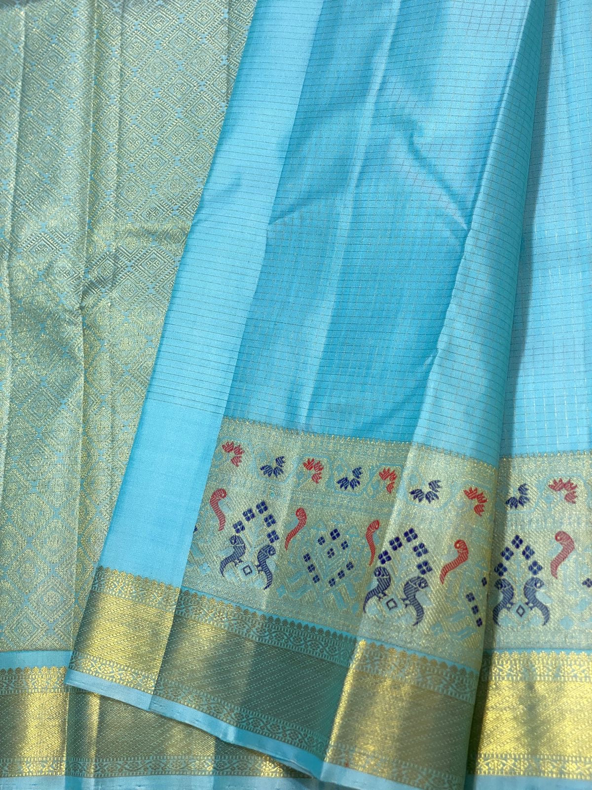 Classic Sky Blue 2gm Zari Paithani Vaira Oosi Checks Kanchipuram Handloom Silk Saree SS26505