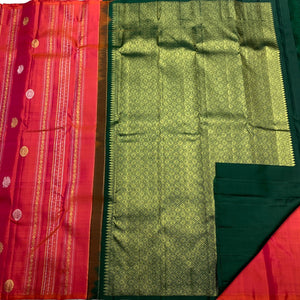 Deep Orange  & Pine Green 2gm Zari Elegance Kanchipuram Handloom Silk Saree SS20582
