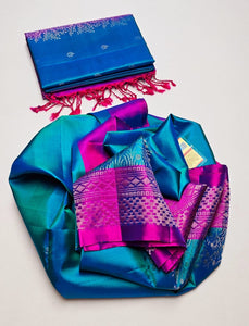 Peacock Blue & Fuchsia Elegance Handloom Soft Silk Saree SS24749