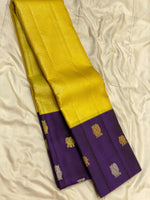 Load image into Gallery viewer, Classic Sunny Yellow &amp; Violet 2gm Zari Vaira Oosi Checks Kanchipuram Handloom Silk Saree SS26327
