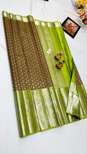 Classic Moss Brown & Spring Green Elegance Kanchipuram Handloom Silk Saree SS24489