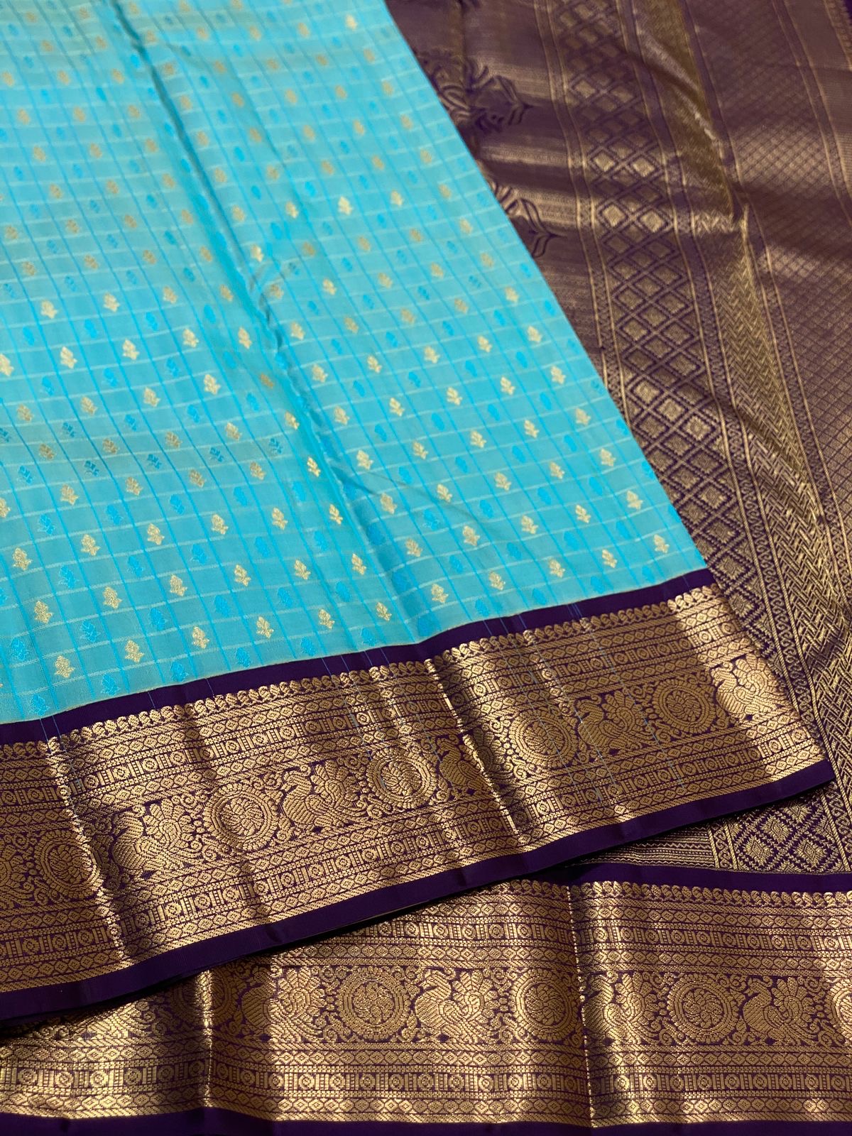 Classic Sky Blue & Violet 1gm Zari Kanchipuram Handloom Silk Saree SS25813