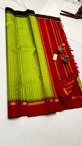 Classic Spring Green Chilli Red & Black Kanchipuram Handloom Silk Saree SS25847