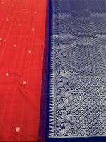 Load image into Gallery viewer, Classic Tomato Red &amp; Blue 1gm Zari  Elegance Kanchipuram Handloom Silk Saree SS24761
