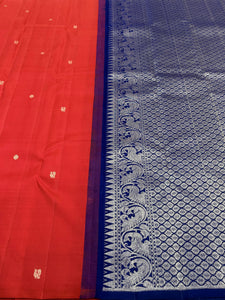 Classic Tomato Red & Blue 1gm Zari  Elegance Kanchipuram Handloom Silk Saree SS24761