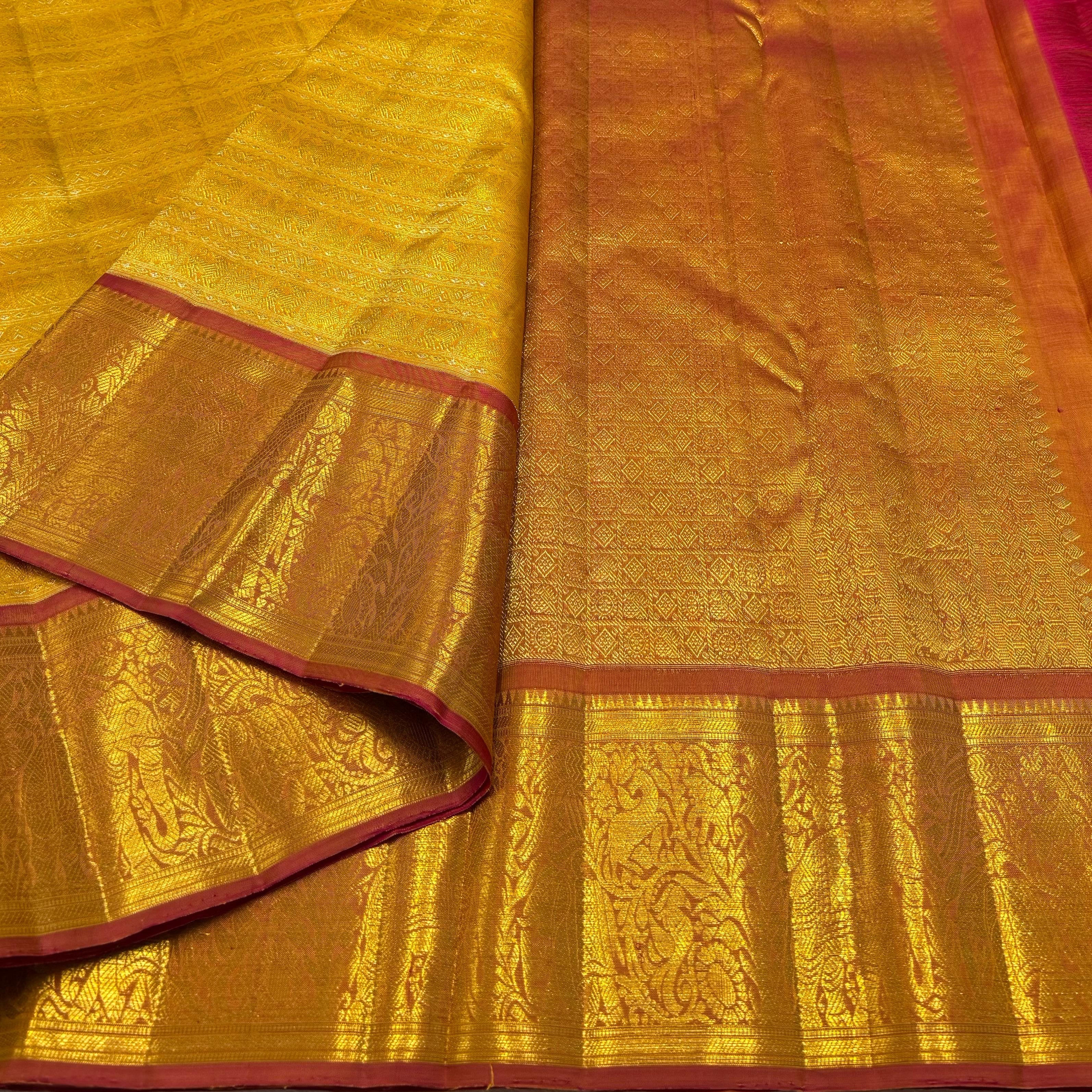 Classic Golden Yellow & Peanut Butter Brown 1gm Zari Bridal Elegance Kanchipuram Handloom Silk Saree SS24633