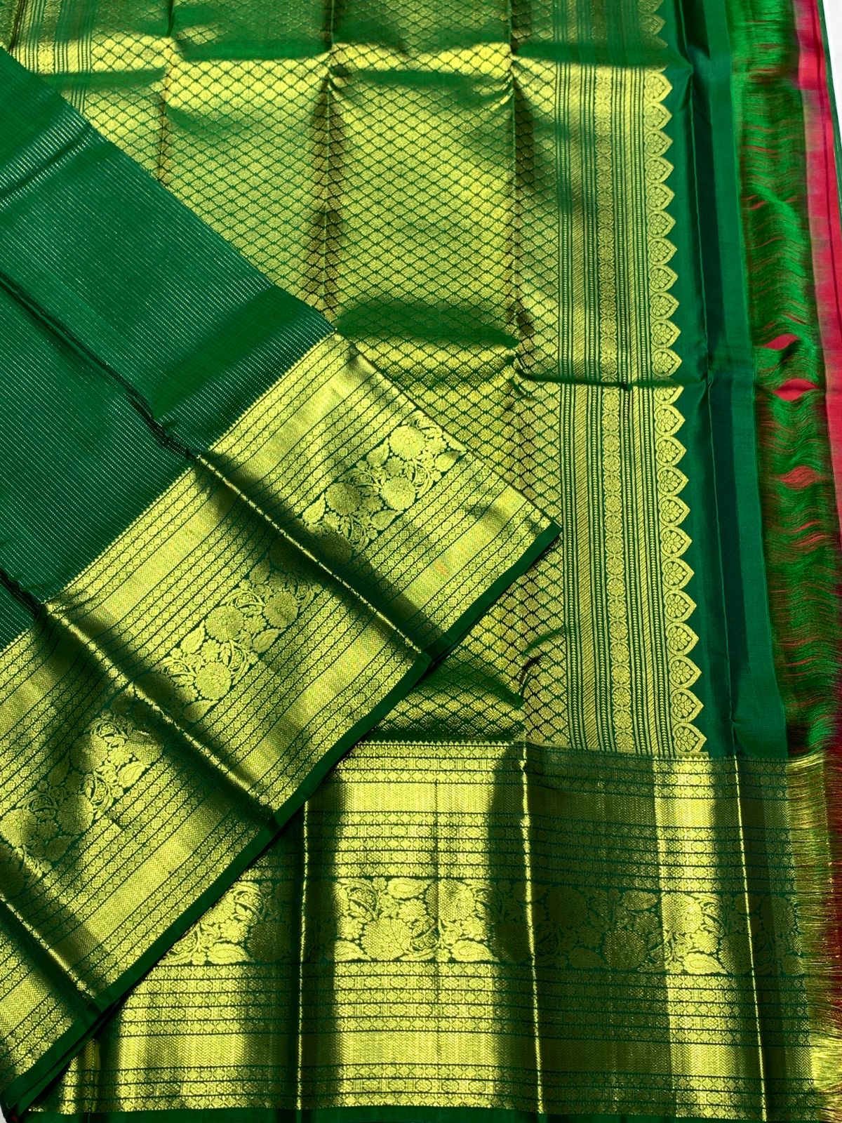 Classic Sacramento Green & Chilly Red 2gm Zari Bridal Elegance Kanchipuram Handloom Silk Saree SS25567