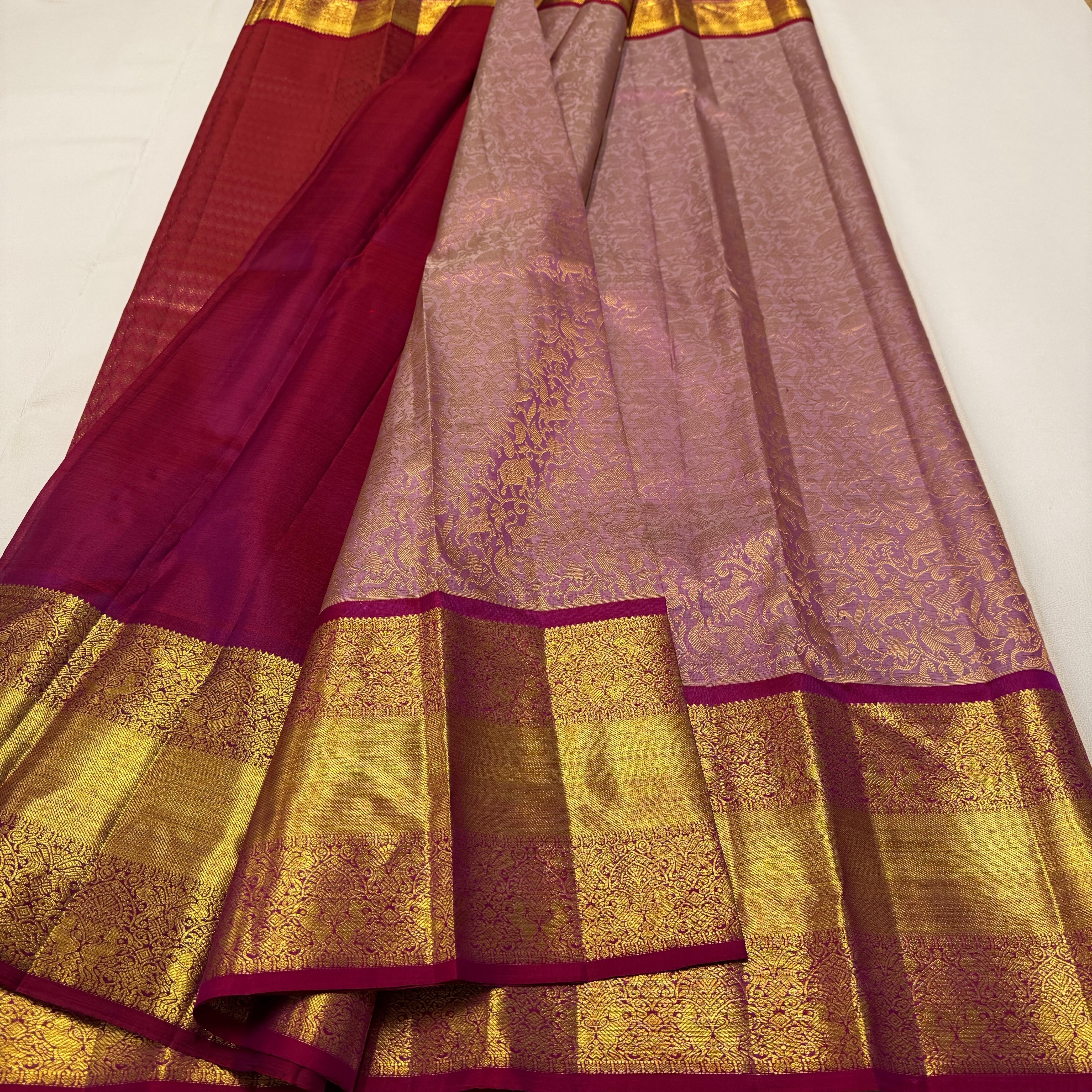 Classic Creamy Pink & Deep Pink 2gm Zari Vanasingaram Bridal Elegance Kanchipuram Handloom Silk Saree SS25935